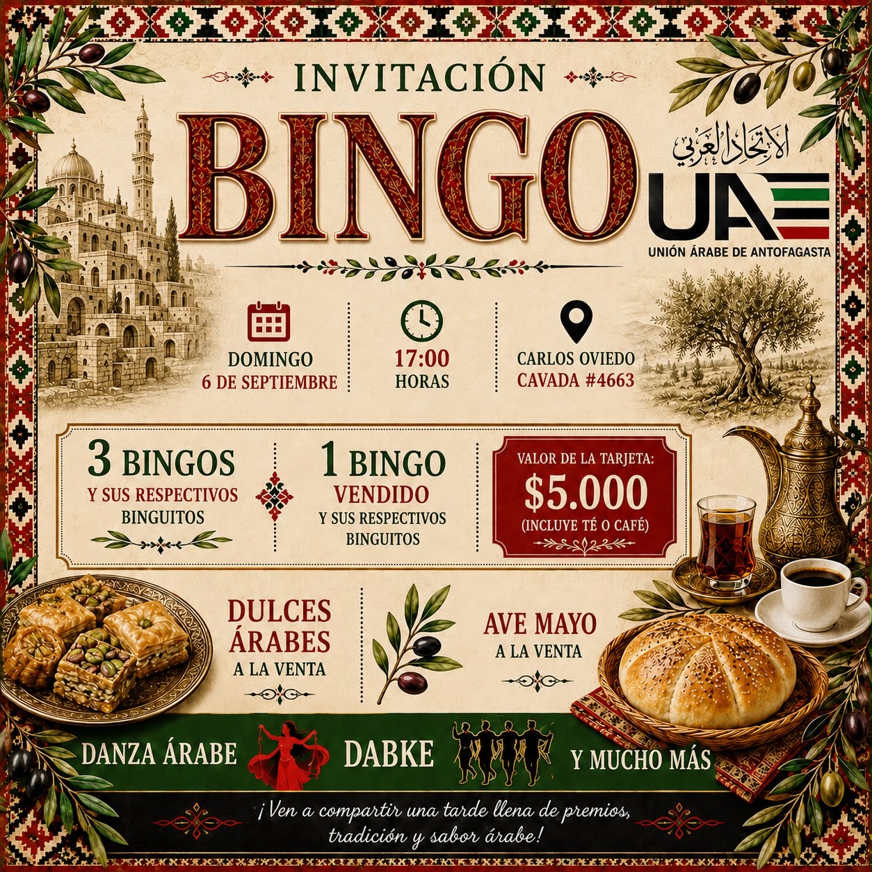 Invitación al Bingo de la Unión Árabe de Antofagasta