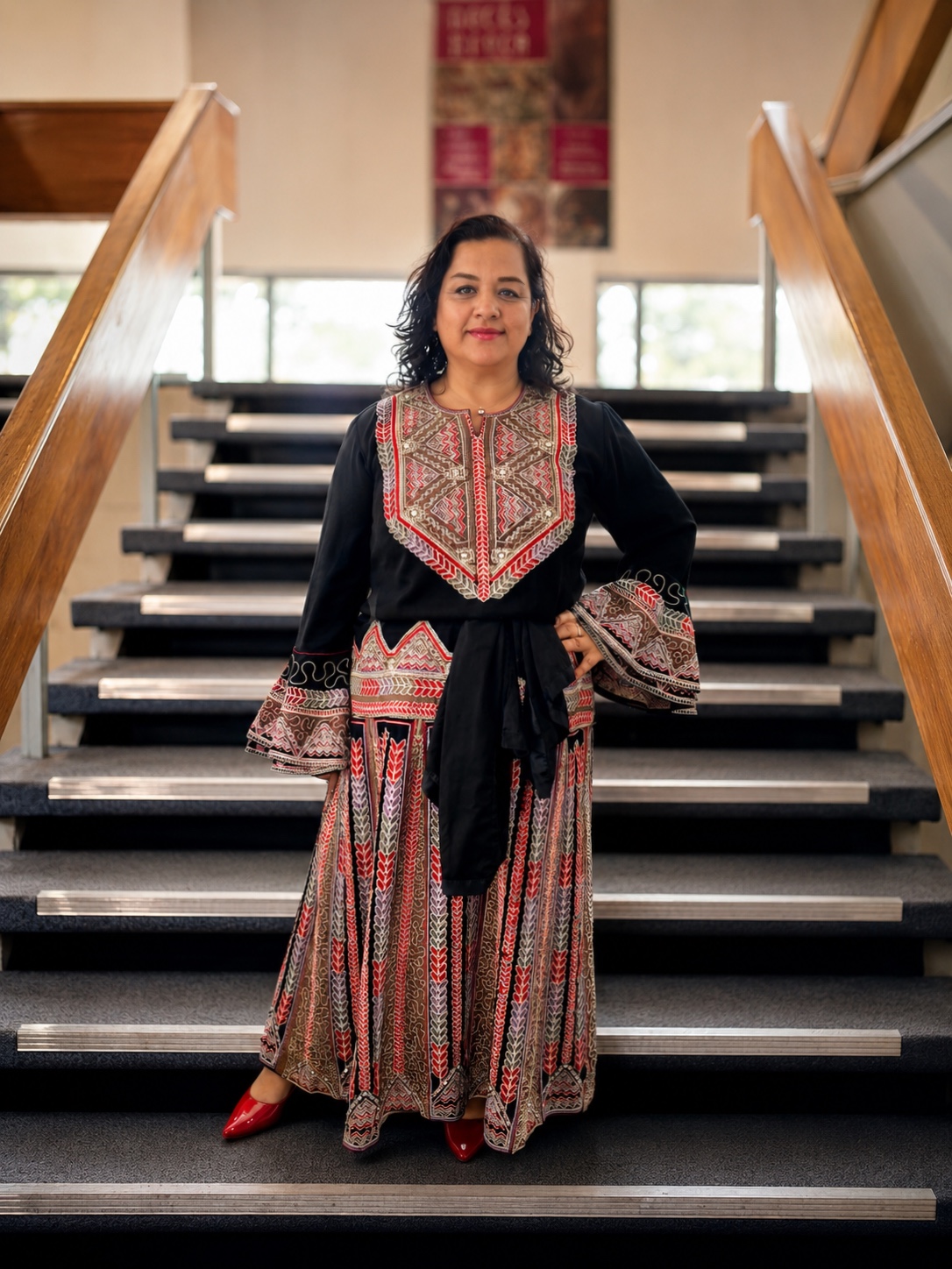 Verónica Bravo Boggioni in traditional Palestinian clothing during the launch of the Festival of Foreign Communities